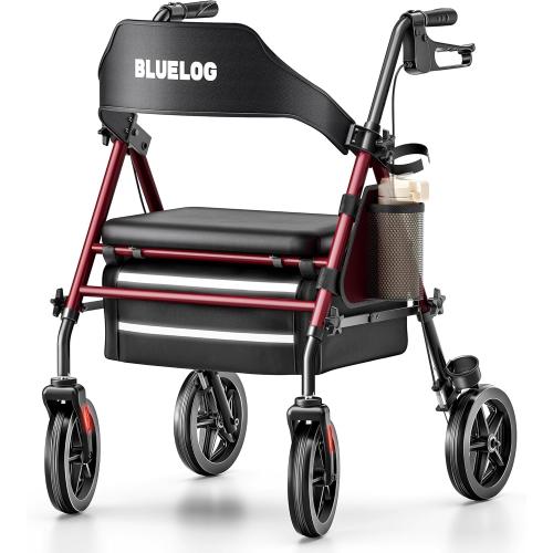 Bluelog Walkers for Seniors Rollator Walkers with Seat, 350lb Capacity with Cup Holder & Cane Holder, 8'' All Terrain Wheels, Adjustable Handles and Seat Height, Foldable Design, Burgundy