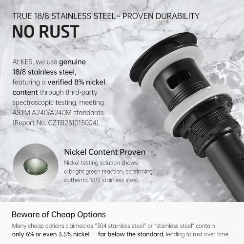 Black KES Bathroom Sink Drain with Overflow Vessel Sink Stopper Pop Up Drain Assembly Matt Black for 1.6-1.9 Sink Hole, All Metal Rustproof Brass and 304 Stainless Steel, S2008A-BK