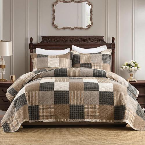 Plaid King Quilt Set - 100% Cotton Quilts, King Quilt Bedding Set, Farmhouse Patchwork Quilt, Lightweight Bedspread Coverlet for All Seasons, Brown, 3 Piece, 98x106
