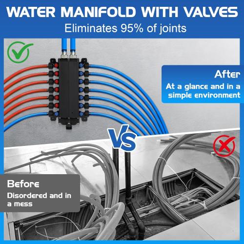 50250 18-Port Pex Manifold Compatible with Viega Manabloc,1/2 Zero Lead Poly Alloy PEX Crimp Manifold for Homerun Water Distribution System, Leak-Proof Valves，Suitable for crimping and PEX crimping.