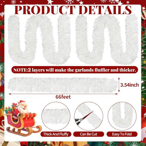 66 Ft Christmas Tinsel Garland Thick Tinsel Garland Xmas Tree Decorations Metallic Tinsel Twist Garland for Christmas, Birthday, Party Decor Indoor Outdoor Party Supplies (White)