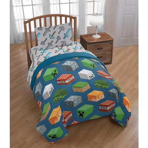 Jay Franco Kids Comforter - Soft and Cozy Bed for Stylish Room Decor, Official Licensed Product, Blue - Minecraft, Twin