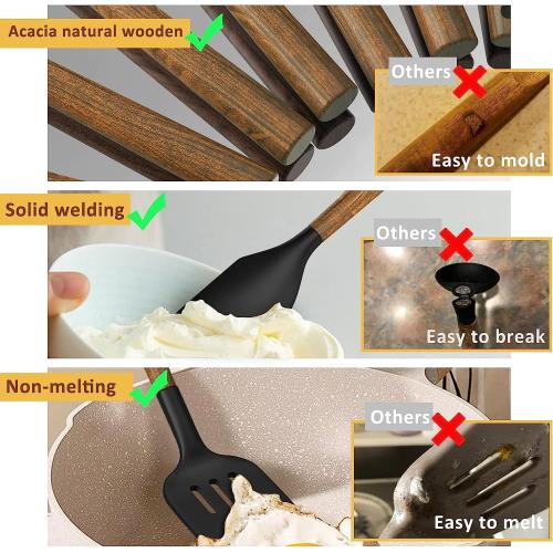 Silicone Cooking Utensil Set, Umite Chef 8-Piece Kitchen Utensils Set with Natural Acacia Wooden Handles,Food-Grade-Silicone Kitchen Gadgets Spatulas Set for Nonstick Cookware- Black ( 1 missing)