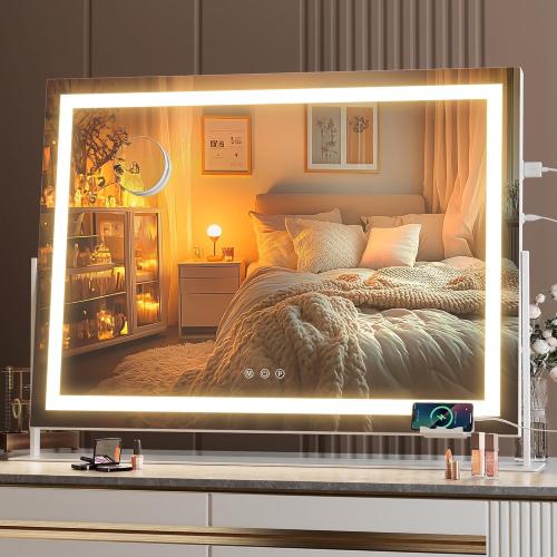 Hasipu Vanity Mirror with Lights, 28 x 20 LED Makeup Mirror, Light up Mirror with 10X Magnification and Phone Holder, USB Charging Port, Smart Touch 3 Colors Dimmable, 360° Rotation (White)