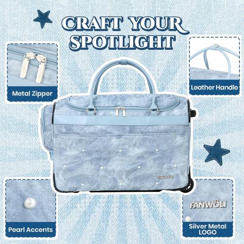 Fanwoli 23 Denim Dance Bag with Garment Rack, Competition Duffel | Creative-Denim Collection|Waterproof|Anti-Tipping Dual-Support Rack|9-Pocket Storage|Silent Wheels|10-Costume Capacity