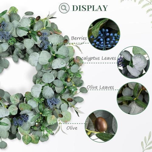 24 Inch Eucalyptus Wreath with Olive Leaves and Berries | Handmade, Waterproof, Rattan base, Lush, Artificial, for Home Outdoor Indoor Farmhouse, All Seasons