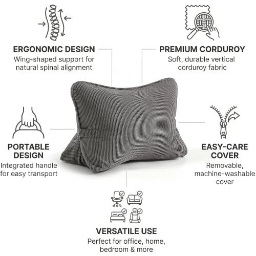 Pat. Pend. Corduroy Lumbar Support Backrest Pillow for Sitting & Reading, Ergonomic Triangle Cushion for Sofa, Armchair & Bed, Removable Cover, Dark Grey
