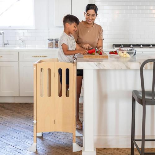 Little Partners Grow 'N Stow Folding Learning Tower, Adjustable Montessori Kitchen Counter Toddler Platform for Cooking, 35 H x 23.25 W x 23 D, Ages 18 mos. to 6 yrs. (Natural)