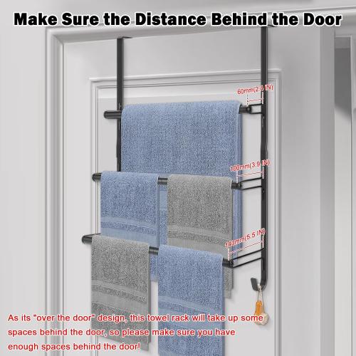 Livabber 3-Tier Over The Door Towel Rack, All Metal Towel Rack with Hooks for Door Hanging, Behind Door Towel Bar Towel Storage Holder for Bathroom Accessories, Black (19.37 L x 5.9 W x 24.4 H)