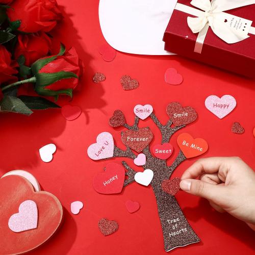 224 Pcs Heart Stickers Valentines Craft Kit Red Pink Foam Heart Shaped Tree Glitter Self Adhesive Stickers Valentines Classroom Gifts for Art Family Activity