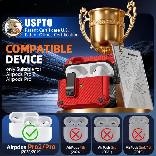 Compatible with AirPods Pro 2nd/1st Case,Magnetic Automatic Lock with Cleaning Kit,Compatible with Magsafe,Carbon Fiber Texture Cover -Red