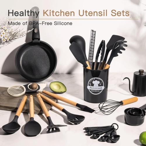 Astercook 39 PCS Kitchen Utensils Set, Silicone Cooking Utensils Set with Wooden Handle, 446°F Heat Resistant Food Grade Utensil Sets, BPA Free Kitchen Gadgets Tools Set for Nonstick Cookware (Black)