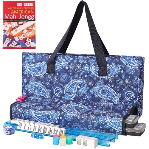 American Mahjong Game Set, 166 White Tiles, Blue Printed Bag with Entire Accessories, 4 All-in-One Rack/Pushers, Mahjong Tiles Set