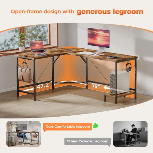 Mericonia 59 inch Large L Shaped Desk, Simple Corner Gaming Desk with CPU Stand & Hooks, Computer Desk for Home, Bedroom & Office Workspace, Rustic Brown