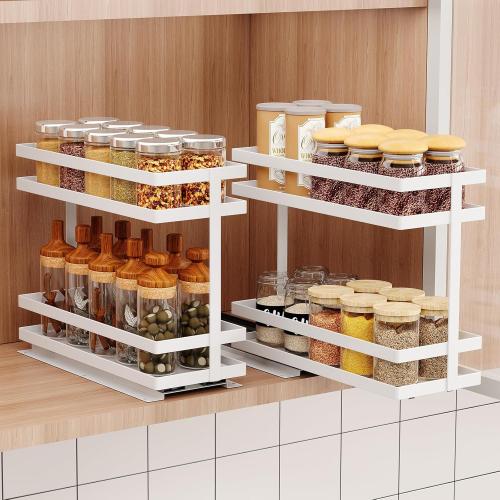 2 Pack Pull Out Spice Rack Organizer for Cabinet, 2 Tier Metal Slide Out Seasoning Organizer and Storage Heavy Duty Vertical Spice Rack Shelf Pullout for Kitchen Cabinets No Drilling **(White)**