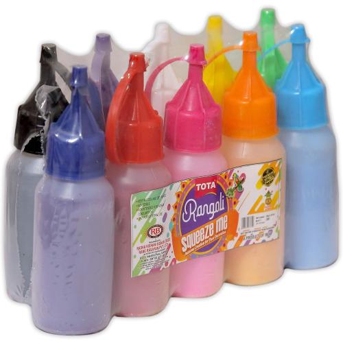 TOTA Rangoli Colours Powder Bottles | Set of 10 Unique Colours Powder in Squeeze Bottles - 800 Gram | Kolam Rangoli Tool for Floor Art, Craft, Home Decor, Pooja