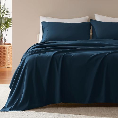 SLEEP ZONE Nanotex Super Soft Cooling Queen Bed Sheets Set 4 Piece - Easy Care Fitted Flat Sheet & Pillowcase Sets - Wrinkle Free, Fade Resistant, Deep Pocket 16 (Navy Blue, Queen)