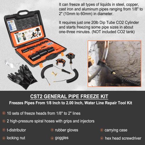 Pipe Freeze Kit, CST2 Pipe Freezing Kit For 1/8 to 2 OD, Use CO2 To Freeze Tube Wire Plumbing, Water Line Repair Tool Kit, Replacement For Cold Shot Pipe Freeze Kit