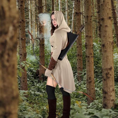 Suhine 5 Pcs Renaissance Women Costume Medieval Hooded Robe Carnival Vintage Faux Leather Arm Pouch Belt for Cosplay Party