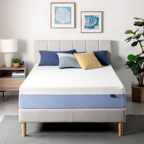 Blue and White ZINUS 12 Inch Queen Cooling Essential Memory Foam Mattress [NewVersion], Fiberglass Free, Medium Feel, Breathable Cooling Layers, Certified Safe Materials
