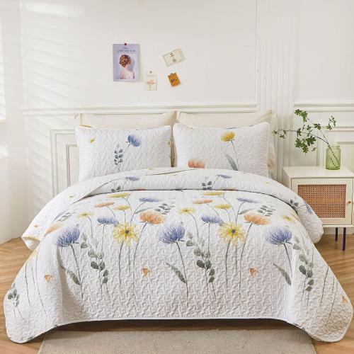 Dinjoy Floral Quilt Set Queen 3 Pieces Blue & Yellow Quilts Bedding Set Bohemian Bedspread Bed Cover Lightweight Spring Summer Beds Coverlet for All Season(96x90)