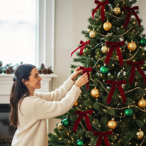 16 Pcs Vintage Christmas Tree Red Bow Ornaments with Clip Burgundy Clip Velvet Bows Ribbon with Easy 5.1x7.1 Inch Pre-Tied Small Ornaments for Xmas Decorations Wreath Gift Indoor Outdoor