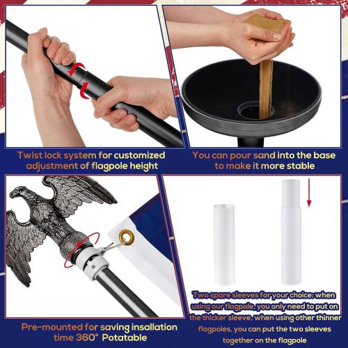 Shimeyao 2 Pack 8 ft Indoor Flag Pole Set with Base and Eagle Topper Telescoping Heavy Duty Flagpole with Stand Holder for Office Hall City, American Flag Not Included(Black,Aluminum)