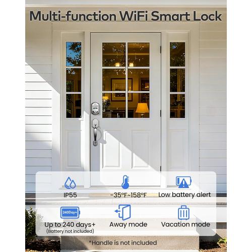 TEEHO TE012W WiFi Smart Lock, Fingerprint Door Lock with Built-in Wi-Fi, Keyless Entry Keypad Smart Deadbolt, App Remote Control, Alexa Compatible, IP55 Waterproof for Front Door – Satin Nickel