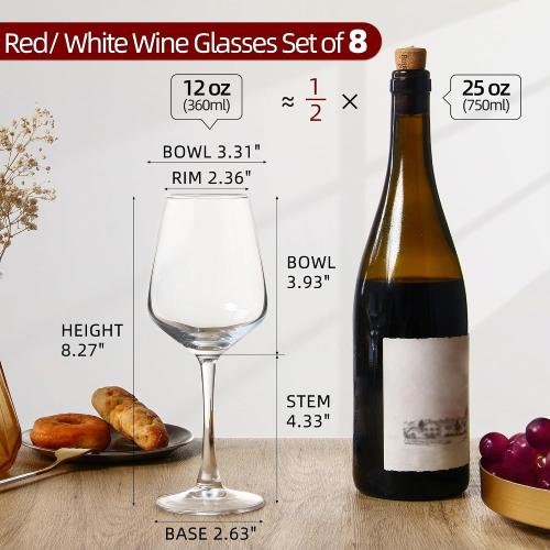 Color Clear Wine Glasses Set of 8, 12oz Clear Red/White, Long Stem Wine Glasses for Party, Wedding and Home