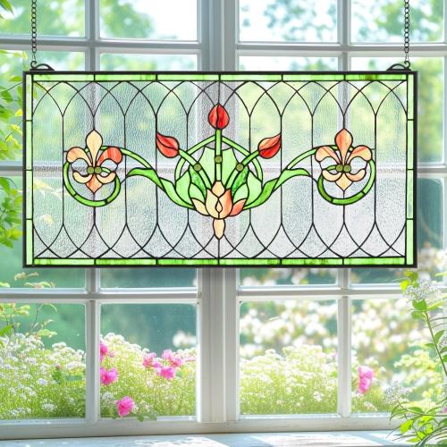 Maxdot 32x16 Stained Glass Transom Window Panel, Large Horizontal Tulips & Irises Handcrafted Hanging Decor with Chain, Vintage Home Decor & Ideal Gift for Art Enthusiasts