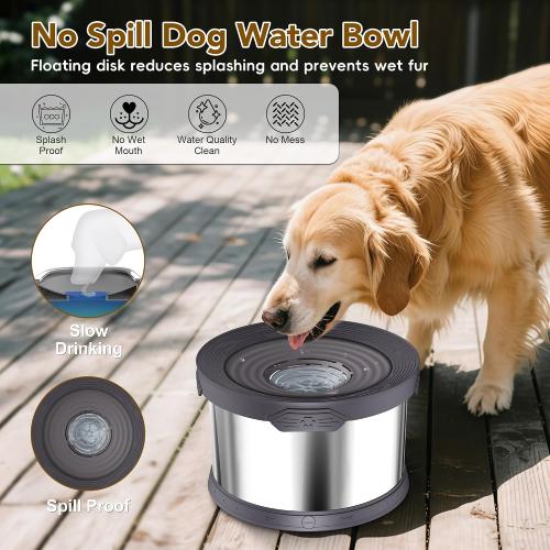 UPSKY 10L Dog Water Bowl No Spill Stainless Steel for Slow Drinking Grey