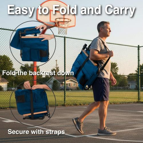 behairity Extra Wide Stadium Seats with Back Support, Bleacher Chairs with High Back and Cushion, Padded Portable Fording Bleacher Seat with Armrests, Cup Holder and Storage Pockets (Blue)