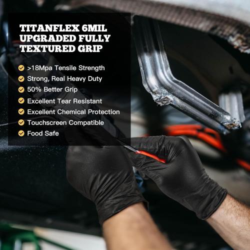 TitanFlex Heavy Duty Black Nitrile Gloves, 6 Mil, Fully Textured, Mechanic Disposable Gloves, Latex Free, Powder Free