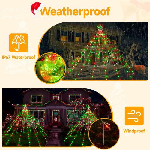 Ollny Christmas Lights Tree Red&Green 340LED with Topper Star, IP67 Waterproof Remote Control Waterfall Lights with Pole, 16 Lighting Modes Timer Dimmable Light Decorations Outdoor Yard Garden Lawn