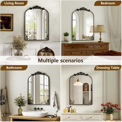 Black 36x 28 Arched Bathroom Mirror, Wall-Mounted Mirror with Carved Metal Frame & Bottom Art Carved, Vanity Mirror for Home Decor, Hanging Wall Mirror with Baroque Ornate Carved Accents, Vintage Black