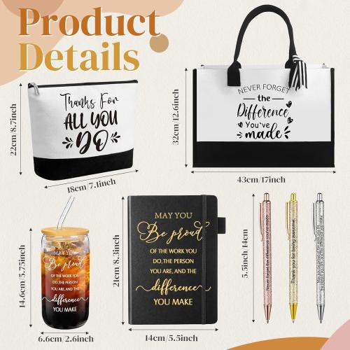 Talltalk 7 Pcs Employee Appreciation Gift Set for Women Thank You May You Be Proud Gift Glass Cup Journal Canvas Makeup Bag Ballpoint Christmas Gifts for Teacher Nurse Volunteer Coworker Staff