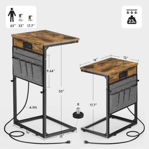 Black Wood Brown and Grey Vagusicc C Shaped End Table with Charging Station, 33 Tall Side Table for Couch, Sofa Table Adjustable Height Small Couch Side C Table, Slide Under Sofa Tray Arm Table for Living Room, Bedroom, Brown