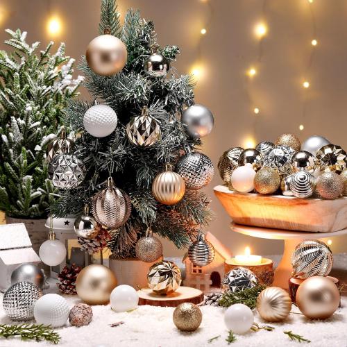 Christmas Ball Ornaments Champagne Gold Silver White Xmas Ornaments Sets 1.6/1.97/2.4 Inch Shatterproof Glitter Xmas Balls Assorted Holiday Neutral Modern Christmas Decor for Tree Home