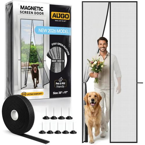 AUGO Magnetic Screen Door - Self Sealing, Heavy Duty, Hands Free Mesh Partition Keeps Bugs Out - Pet and Kid Friendly - Patent Pending Keep Open Feature - 38 Inch x 97 Inch