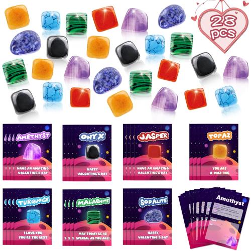 Valentine‘s Gifts for Kids, 28 Pack Valentines Cards with Rocks Bulk, Crystal Gems Minerals Rocks Collection Kit, Exchange Card for Girls Boys School Classroom Party Favors