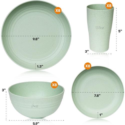 32pcs Color Green Wheat Straw Dinnerware Sets | Unbreakable Dinnerware Sets | Dishwasher Microwave Safe Dinnerware | Eco Friendly Non Breakable Dinnerware Sets | RV Outdoor Camping (Green, Service for 8 (32 pcs))
