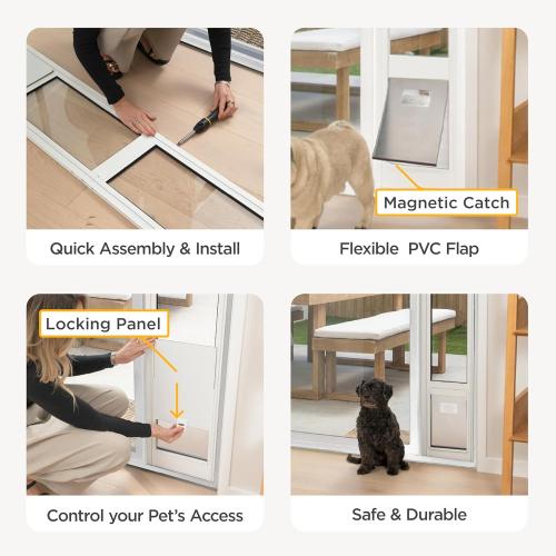 Hakuna Pets White Glass Patio Pet Door for Sliding Doors, Small | Adjustable Height 77.2”– 83.5”, Damage-Free or Permanent Install, Locking Panel Included