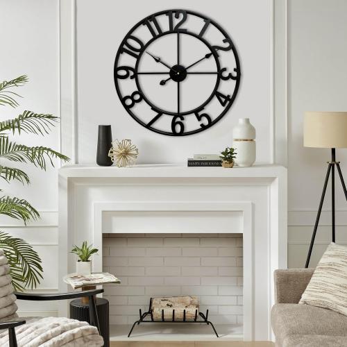 CLXEAST 24 Inch Wall Clocks for Living Room Decor, Large Black Metal Wall Clock Battery Operated, Silent/Non Ticking, Regular Arabic Numeral