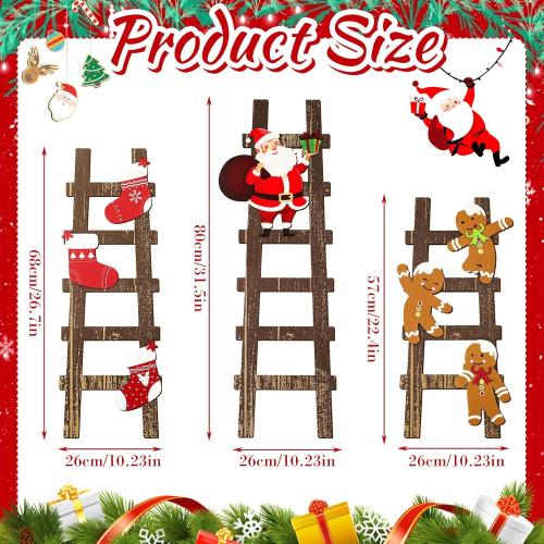 Novabright 3 Pcs Climbing Santa Ladder Wooden Ladder Decor Indoor Christmas Wall Decor for Christmas Interior Party Decoration, Home Decoration 31 in, 27 in, 22.5 in