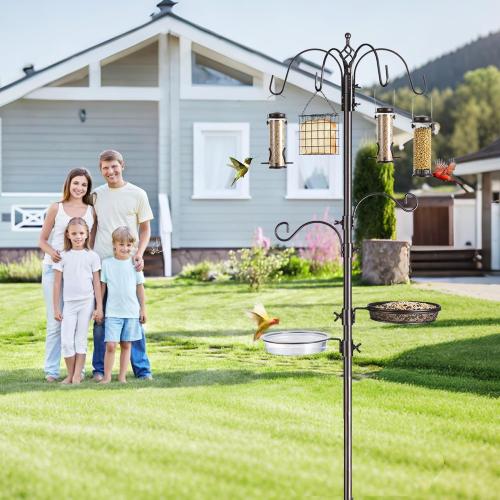 Bird Feeding Station Kit, 94 Inch Metal Birds Feeder Stand Pole with 6-Hook, Bird Bath and Mesh Tray, 5-Prong Base