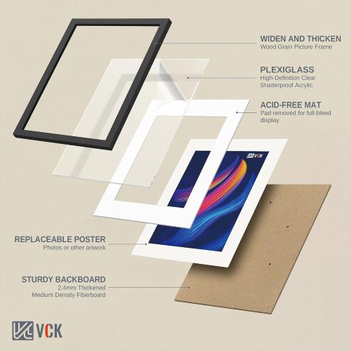 VCK 16x24 Picture Frame Black - 5 Pack, with Wood Grain Finish & Plexiglass, Displays 12x18 Photo with Mat or 16 x 24 Without, for Horizontal/Vertical Wall Hanging in Home, Office, or Gallery