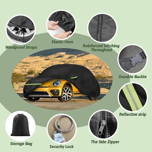 Car Covers for 1998-2025 Volkswagen New Beetle 2 Door, Waterproof All Weather Beetle Full Car Cover 210T Custom-fit Outdoor Windproof Cover with Door Zipper Up to 170”L(Black)