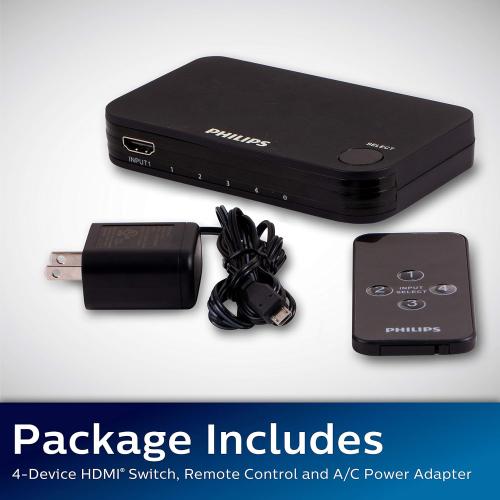 Philips 4 Device HDMI Switch, Wireless Remote, Use with 4K Smart TV Roku Xbox PS3 PS4 Fire Stick DVD Blu Ray Fire TV HDTV Cable Box PC, 4K 1080p 60 FPS, Ultra HD, HDCP 2.0, Black, SWV9484B/27