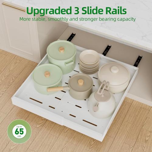 PAKETA 4 Pack Expandable Pull Out Cabinet Organizer, 21'' Deep Pull Out Drawers for Cabinet, Upgrade 3 Slide Rails Sliding Drawer for Cabinets with Adhesive Nano Film (White, 21D X 12-20W)