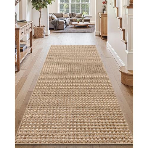 DEXI Hallway Runner Rug 3.3x6.7, Woven Braided Farmhouse Runner Carpet Indoor, Absorbent Thin Long Entryway Runners for Kitchen, Laundry Room, Patio Entrance, Checkered Beige